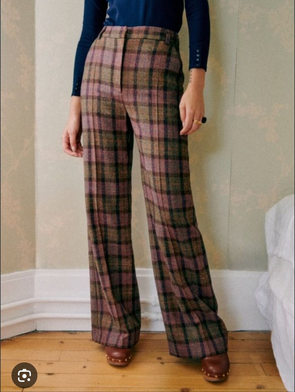 Matheo Wool Trousers, Wide-Leg Pants in Coloured Check, Size 42